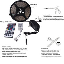 LED Strip Light Set Kit 3528 Non-Waterproof RGB Multi Color Light, Flexible 300 Leds with 44 Key IR Remote Power Adapter